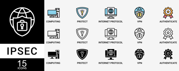 IPSEC icon set with various styles and colors of cloud computing, protect, internet protocol, vpn, and authenticate