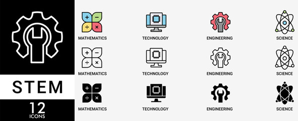 STEM icon set with various styles and colors of flask, microscope, AI, processor, machine, and calculator