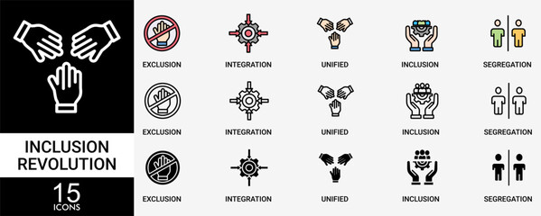 INCLUSION REVOLUTION icon set with various styles and colors of exclusion, segregation, integration, inclusion and unified