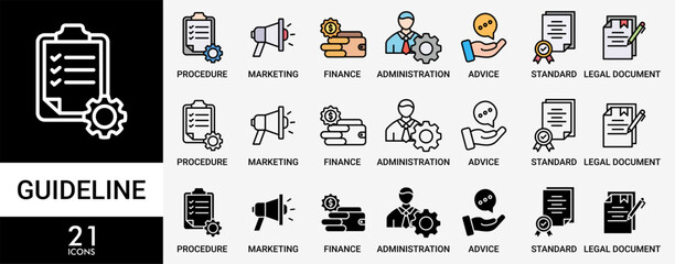 GUIDELINE icon set with various styles and colors of rule, procedure, legal document, standard, administration, advice, finance, marketing