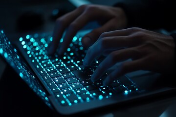 Woman typing on a laptop keyboard in an office setting