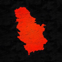 Serbia red map on isolated black textured background. High quality coloured map of Serbia.