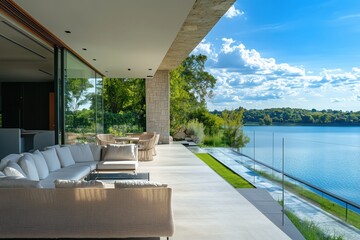 Fototapeta premium beautiful view of the river from the balcony of the villa