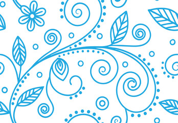 Whimsical floral and leaf swirl seamless pattern in bright blue line art. Great for textiles, wallpapers, and cheerful spring-themed designs. Playful hand-drawn botanical illustration.
