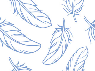 Seamless feather pattern in soft blue outline on a white background, perfect for fabric, wallpaper, or stationery. Elegant, airy, and natural design with a light and delicate aesthetic. 