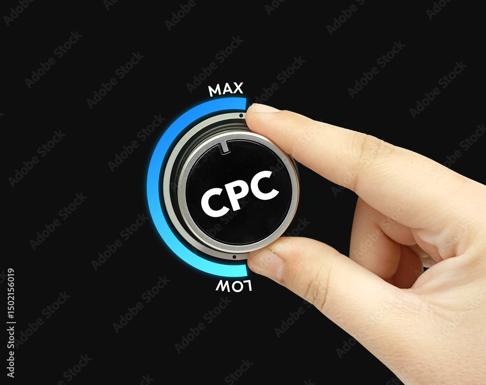 Aufkleber maximum cost per click concept background with blue glowing bar and turning knob with hand. business