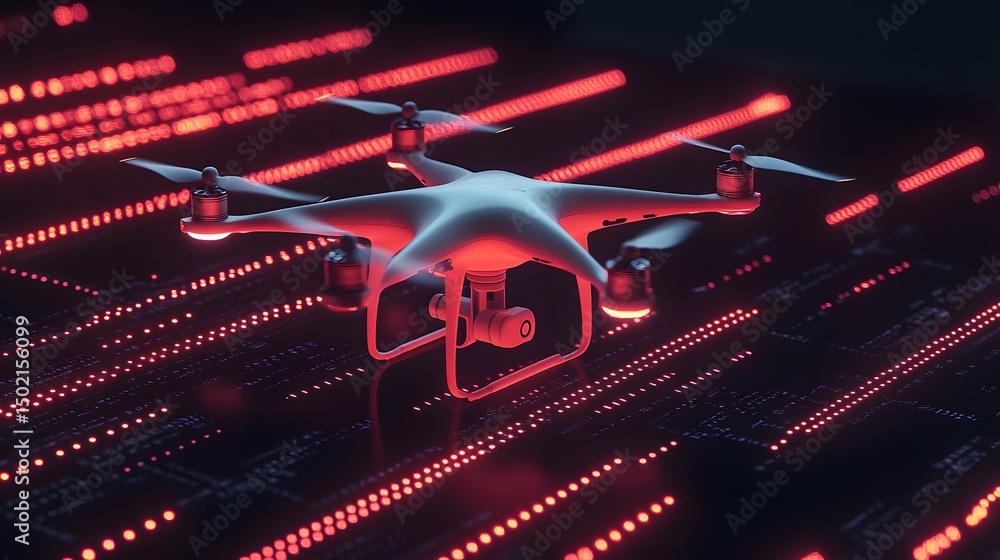 Poster modern drone hovering above a circuit board.