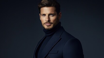 Fototapeta premium a man standing against a dark background. he is dressed in a formal attire with a suit and tie