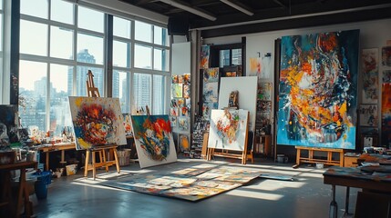 Bright and spacious artist's studio filled with vibrant abstract paintings on easels