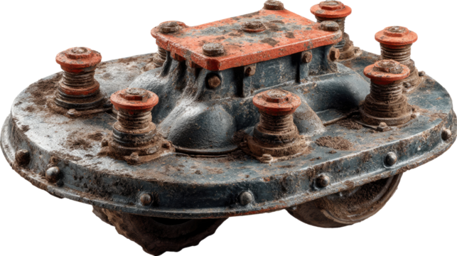 Rusty Industrial Machine Part: Close-up view of an aged, rusty industrial machine part, showcasing intricate details and textures.  The metallic surface displays signs of wear and tear.