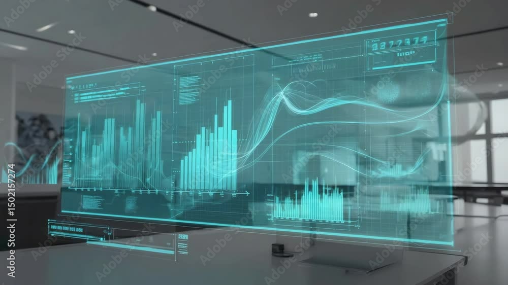 Poster holographic display stock market chart and graph data visualizations, above a desk in a modern offic