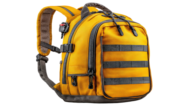 Rugged Backpack Ready for Adventure: A meticulously detailed shot of a robust yellow backpack, meticulously designed for the intrepid explorer. Its sturdy build, multiple compartments. - Powered by Adobe