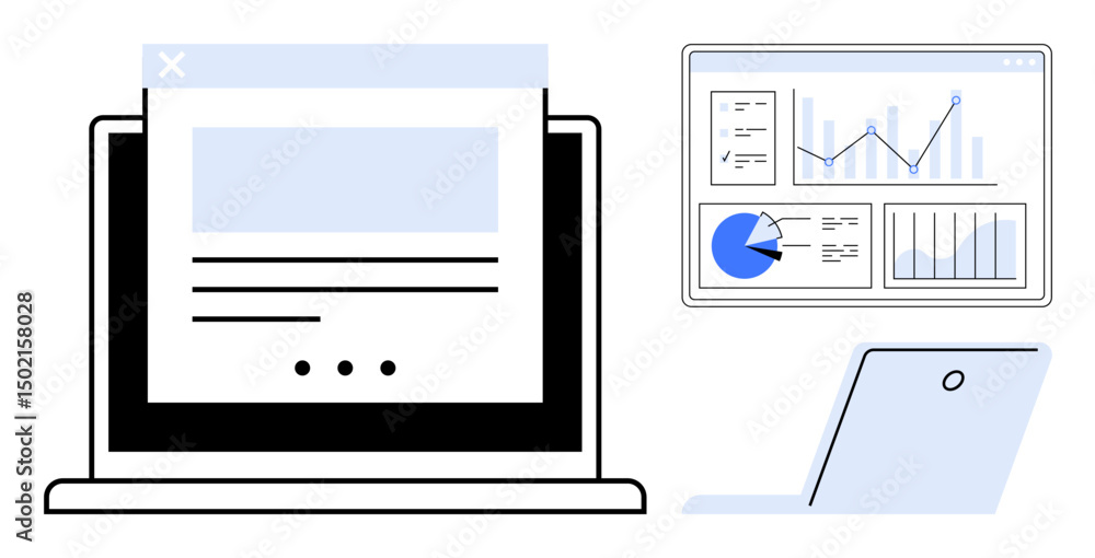Poster laptop with webpage layout, data analytics display with charts, graphs, and small device. ideal for 
