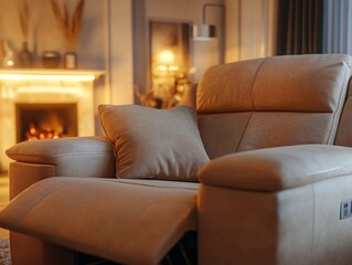 Fototapeta premium Luxurious reclining sofa with built-in footrest cozy living room interior design warm ambiance close-up view comfort concept