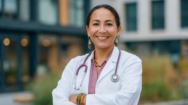 Smiling and confident middle age Native American female doctor with lab coat and arms crossed, standing in front of hospital
