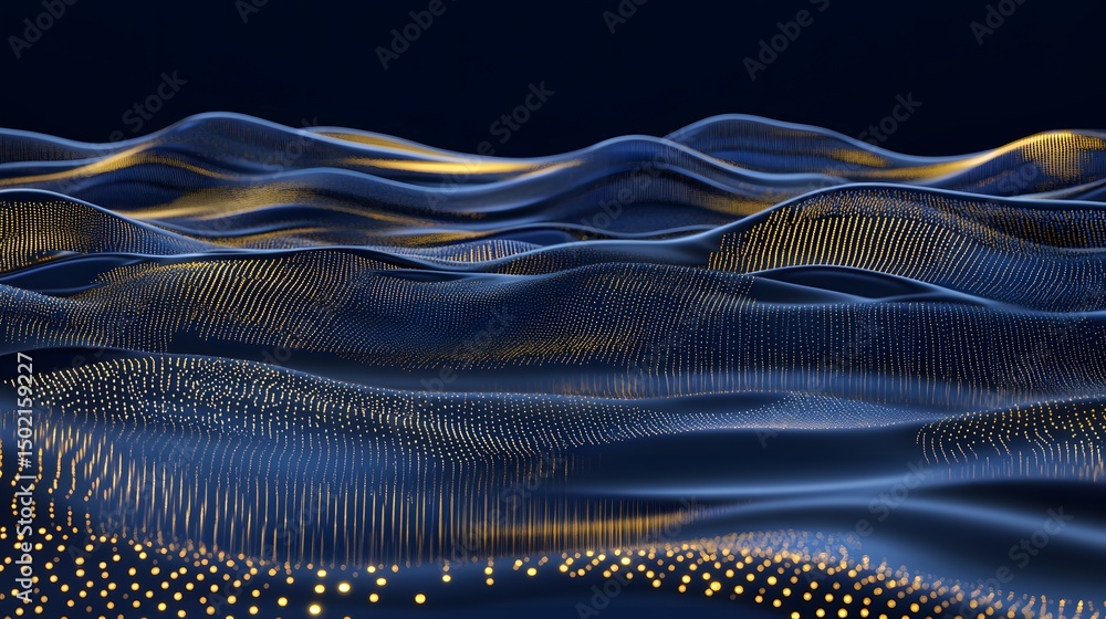 Poster abstract design of undulating dark blue and golden particles.