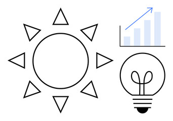Sun with rays, light bulb, and upward graph symbolize innovation, renewable energy, success, and progress. Ideal for sustainability, ideas, growth research technology goals efficiency flat simple
