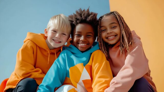Three diverse kids in hoodies smile for the camera.