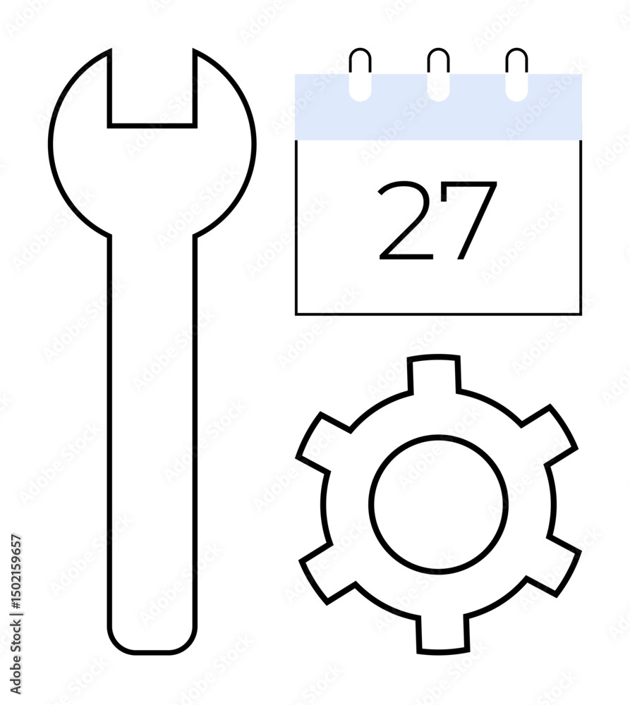 Poster wrench, gear, and calendar representing tools, system configuration, and task scheduling. ideal for 