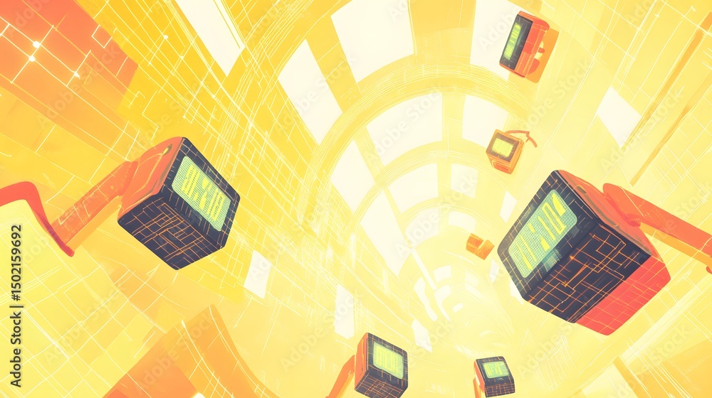 Poster futuristic tunnel with numerous small box-like devices.