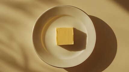 A stick of butter on a white plate with shadows