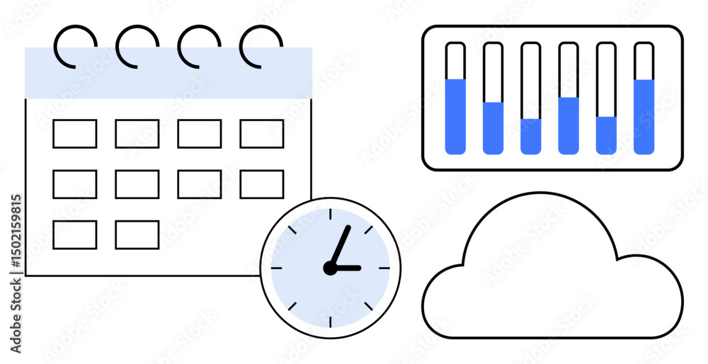 Poster calendar, clock, cloud, and data chart emphasize scheduling, analytics, cloud storage, time tracking