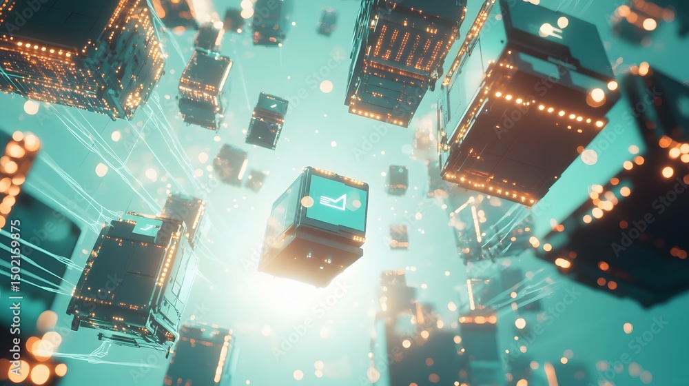 Poster floating cubic structures in a digital network.