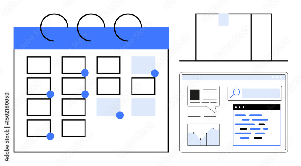 Poster calendar with marked events, sticky notes, and a dashboard displaying graphs and search bar. ideal f