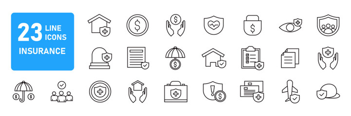 A collection of Insurance icons in line style. Insurance and assurance icons for web and mobile app. Protection of health, life, property, car, home, travel insurance icons and more isolated on white