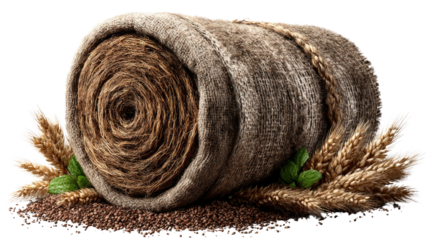 A Wheat and Rolled Material: A rolled material, with grains and a touch of green, inviting viewers to appreciate textures and colors of nature's bounty. 