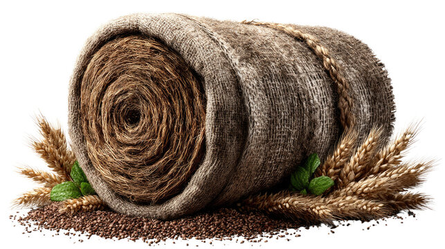 A Wheat and Rolled Material: A rolled material, with grains and a touch of green, inviting viewers to appreciate textures and colors of nature's bounty. 