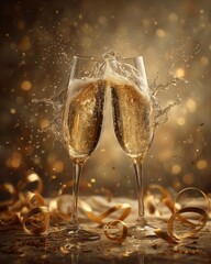 Golden Celebration: Clinking Champagne Flutes with Bubbles in Candlelit Ambiance (4K Ultra-Detailed Still Life)