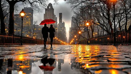 Romantic Stroll Under a Red Umbrella in Rainy City Park - Powered by Adobe