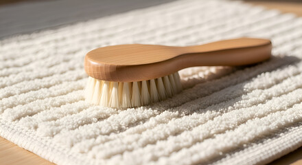 Small wooden brush with white bristles placed neatly on white textured bath mat