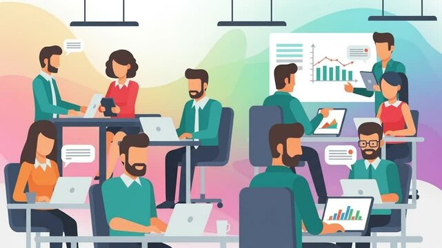 People Meeting and Collaborating in Office Space with Graph Presentation