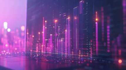 Fototapeta premium Digital Cityscape on Laptop Screen: Futuristic Urban Glow
