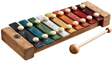 Rainbow Xylophone: A colorful xylophone, with wooden frame, mallet and multi-colored bars, stands ready to create joyful melodies and rhythms.