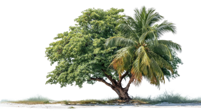 Tropical Duo: A harmonious pairing of a vibrant tree and a graceful palm tree stands in a natural landscape, showcasing the diversity of plant life.