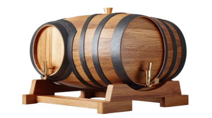 Oak Barrel of Whiskey: A meticulously crafted oak barrel, complete with metal bands and spigot, stands ready to age fine spirits to perfection.