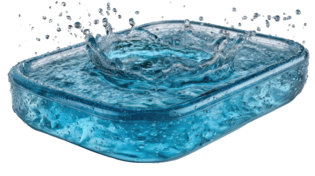 Aqua Splash in Glass: Crystal-clear water in a rectangular glass container creates a dynamic splash, capturing the energy and purity of the liquid.