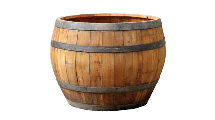 Fototapeta premium Ancient Timber Vessel: a weathered wooden barrel showcases the charm of rustic craftsmanship, its aged timber and metallic hoops telling tales of heritage.
