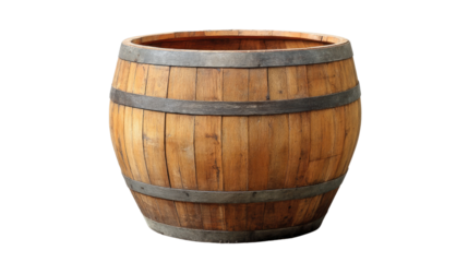 Ancient Timber Vessel: a weathered wooden barrel showcases the charm of rustic craftsmanship, its aged timber and metallic hoops telling tales of heritage.