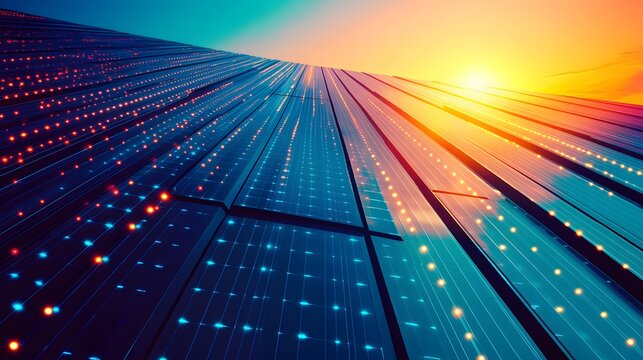 Architectural facade with solar panels at sunrise.