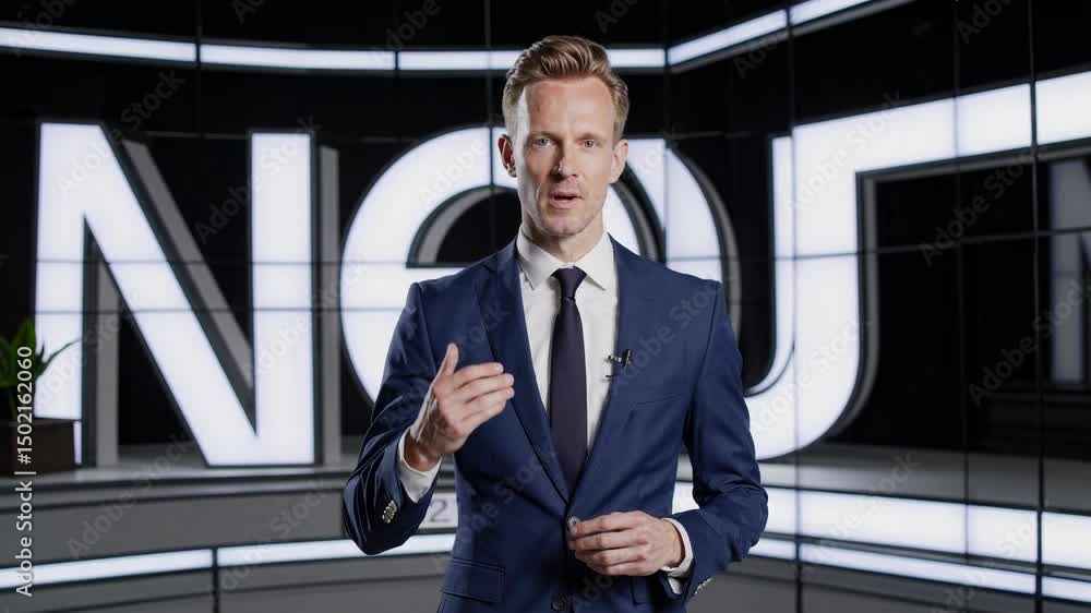Poster a man in a suit stands confidently in a modern studio with a large led backdrop. the video is shot f