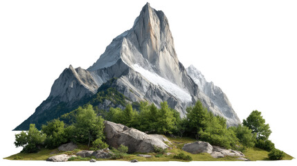 Majestic Mountain Scene: A breathtaking vista of a towering mountain range. The craggy peaks of the imposing mountain, partially dusted with snow.