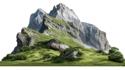 Majestic Mountain Peak: A majestic mountain peak, its rugged grey rock face contrasting with lush green slopes, stands tall against a clear sky. The scene evokes a sense of adventure and awe.