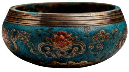 Serene Resonance: An antique Tibetan singing bowl, hand-painted with intricate designs. It represents a vessel for tranquility, inviting mindful reflection and spiritual balance.