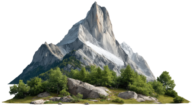 Majestic Mountain Scene: A breathtaking vista of a towering mountain range. The craggy peaks of the imposing mountain, partially dusted with snow.