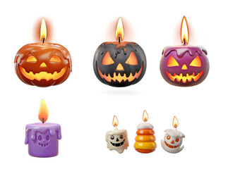 Halloween-themed decorative candles in pumpkin, skull, ghost, and spooky shapes with glowing flames, isolated on transparent background, ideal for seasonal design, party decor, or themed graphics