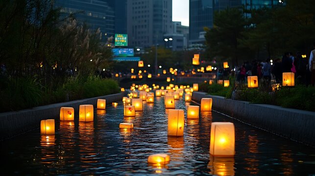 Floating lanterns illuminate a serene waterway at dusk. - Powered by Adobe